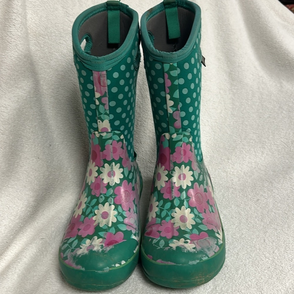 Bogs Girls Flower Dots Rubber Weatherproof Boots, youth 7 - Picture 3 of 13